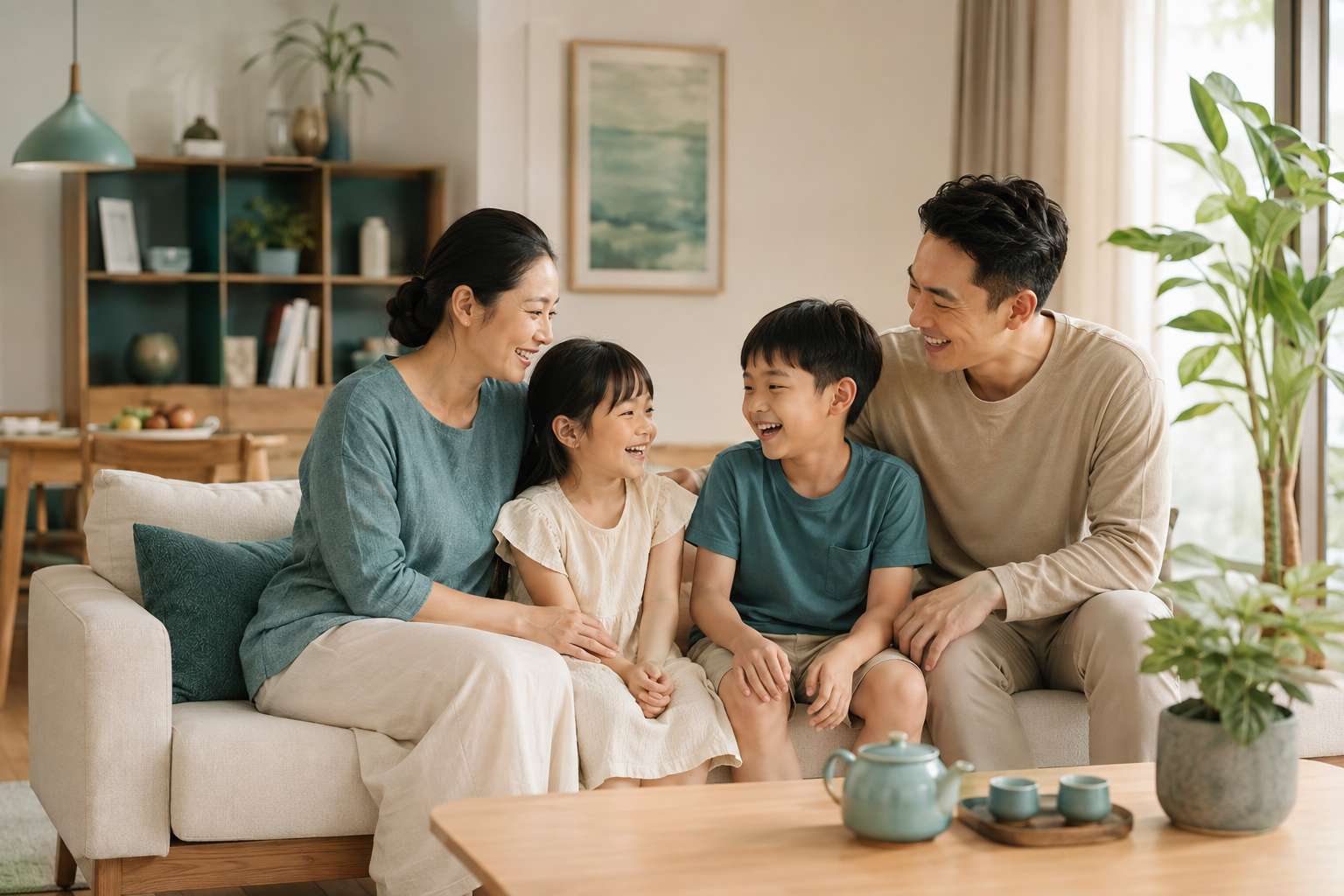 Gia đình Việt quây quần vui vẻ trong phòng khách hiện đại